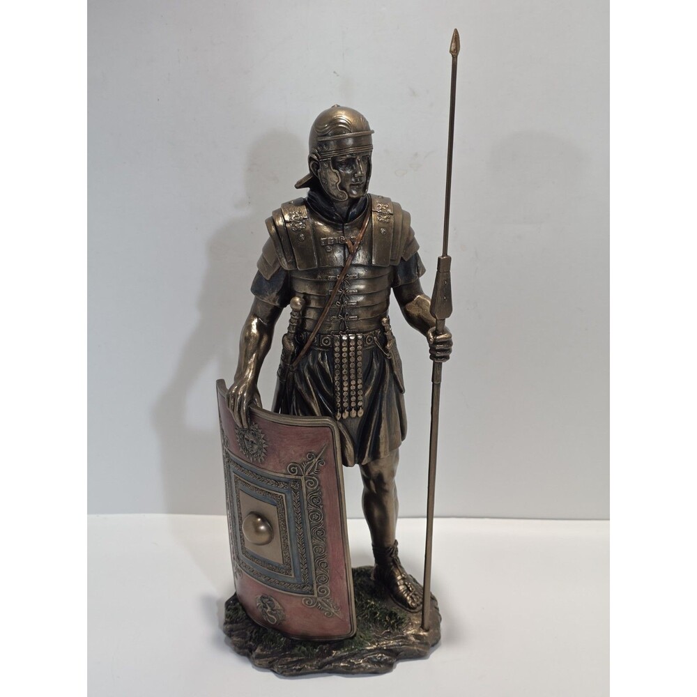 Ancient Times Roman Legion Soldier Javelin Rectangle Shield Statue Bronze Color